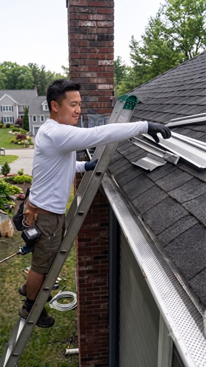 Technician on a ladder cleaning a home's gutters.